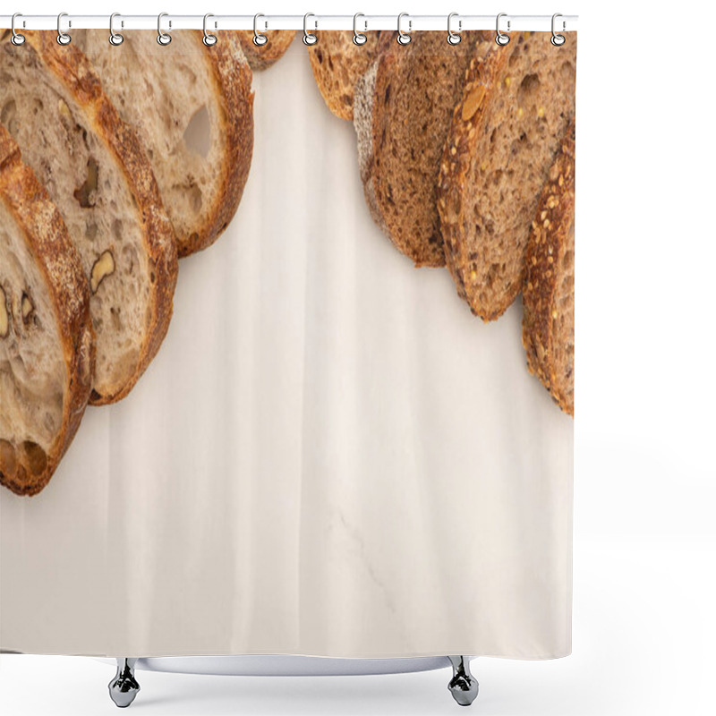 Personality  Top View Of Whole Wheat Bread Slices On White Background With Copy Space Shower Curtains