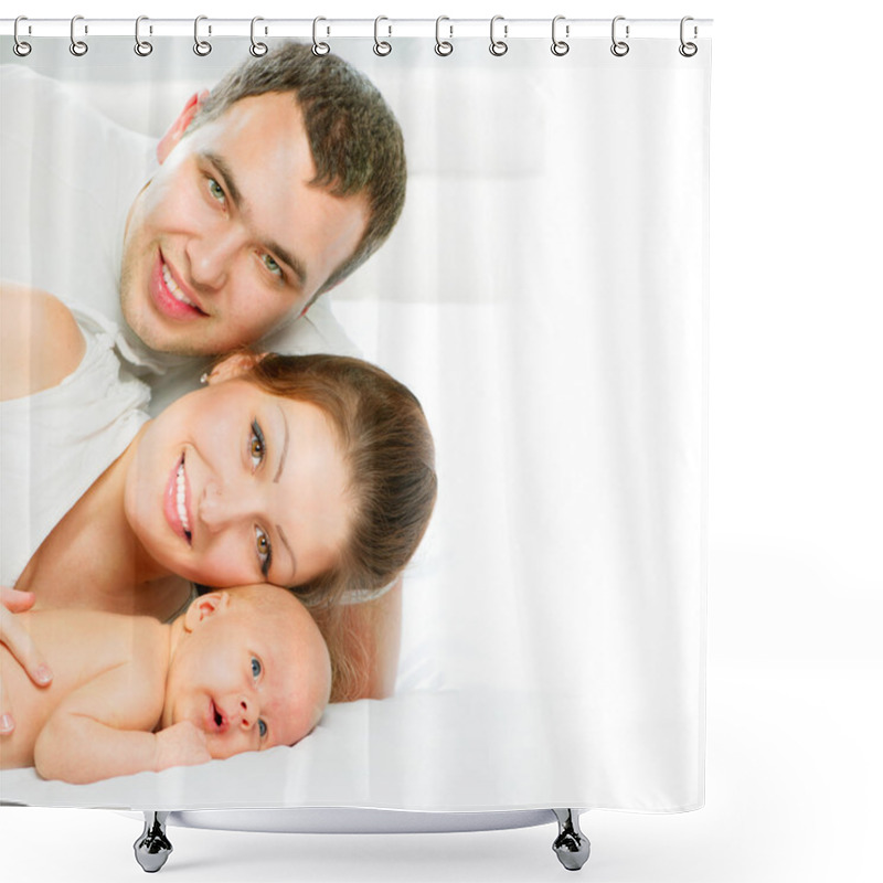 Personality  Happy Family. Father, Mother And Their Newborn Baby Shower Curtains