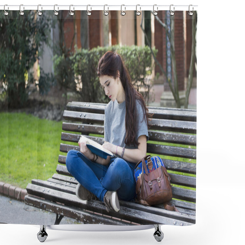 Personality  Student Sitting On Wood Bench And Reading Blue Book, Outdoor. Shower Curtains