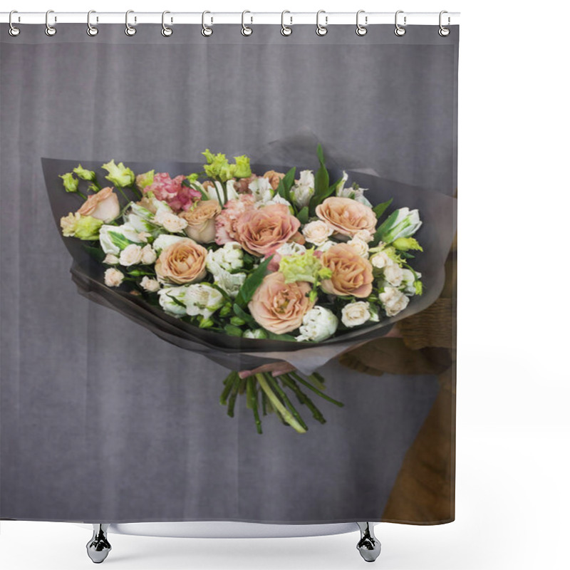 Personality  The Delicate Rustic Floral Bouquet In Woman Hands On Grey Background Shower Curtains