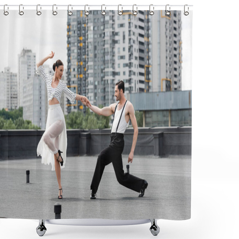 Personality  Side View Of Smiling Dancers Moving On Roof Of Building Outdoors  Shower Curtains