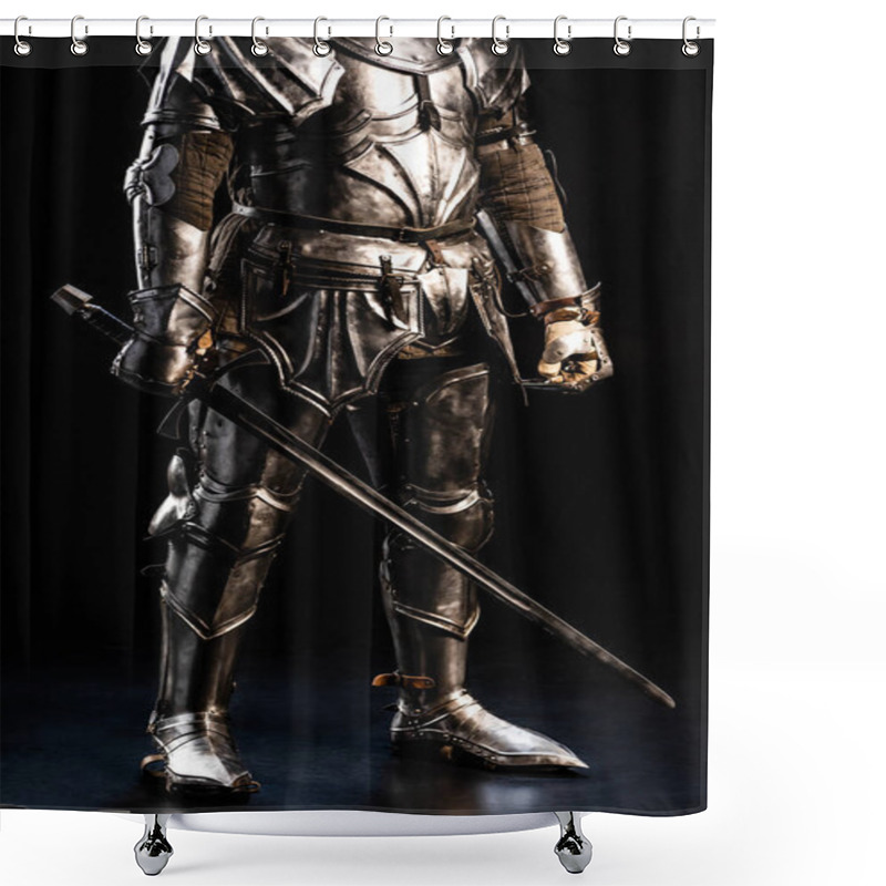 Personality  Cropped View Of Knight In Armor Holding Sword On Black Background  Shower Curtains