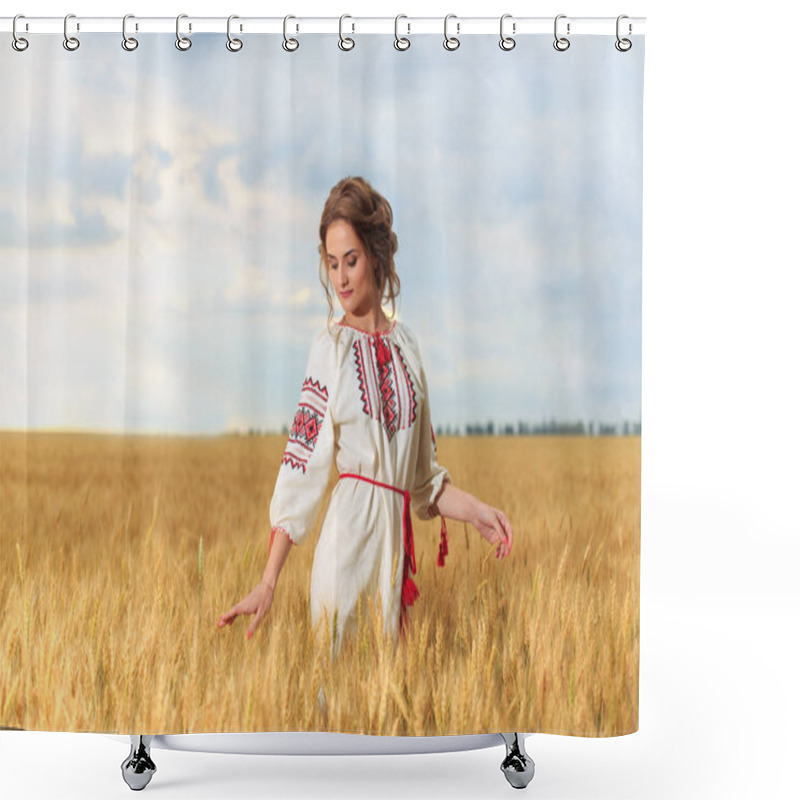 Personality  Beautiful Girl Dressed In National Clothes In A Field Shower Curtains