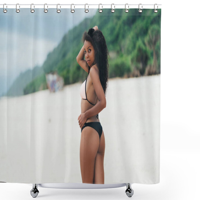 Personality  Backside View Of Dark Skined Girl With Sexy Booty In Bikini Resting On Deserted Sandy Beach Shower Curtains