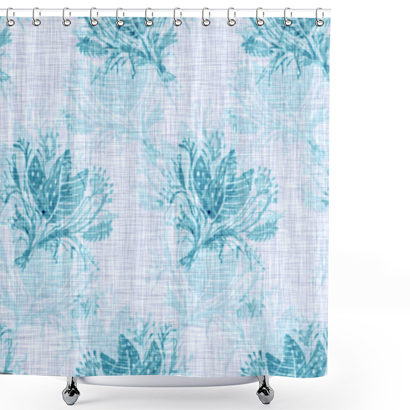 Personality  Cyanotypes Blue White Botanical Linen Texture. Faux Photographic Floral Sun Print Effect For Trendy Out Of Focus Fashion Swatch. Mono Print Flower In 2 Tone Color. High Resolution Repeat Tile.  Shower Curtains