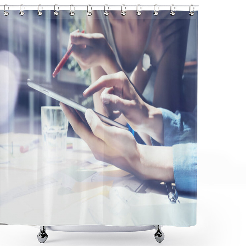 Personality  Closeup Photo Girl Touching Screen Digital Tablet Hand.Project Producers Researching Process.Young Business Crew Working New Startup Modern Studio.Analyze Market Stock.Blurred,flare Effect.Horizontal. Shower Curtains