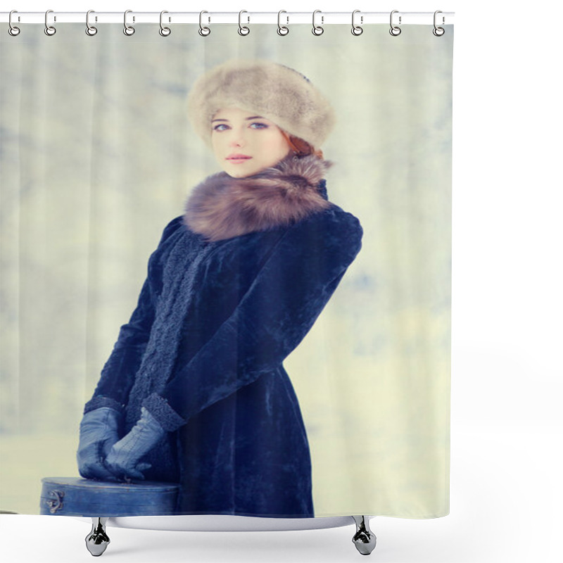 Personality  Beautiful Redhead Women With Suitcase Shower Curtains