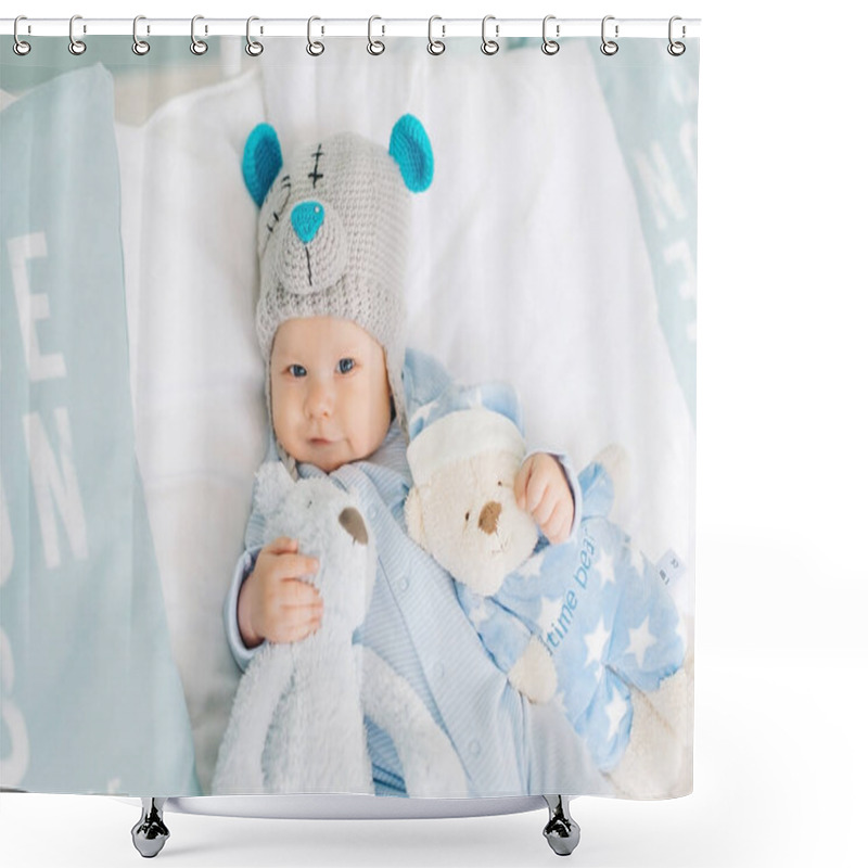 Personality  Little Boy Loves Teddy Bears. Baby In A Teddy Hat. Cute Kid Like Teddy Dear With Toys Shower Curtains