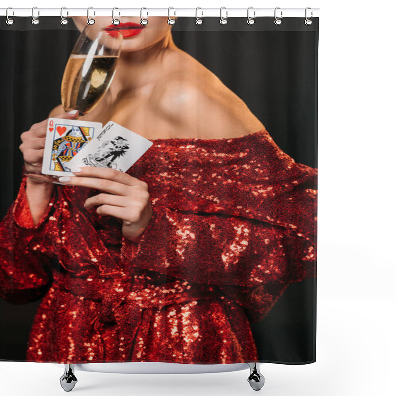 Personality  Cropped Image Of Girl In Red Shiny Dress Holding Joker And Queen Of Hearts Cards, Drinking Champagne Isolated On Black Shower Curtains