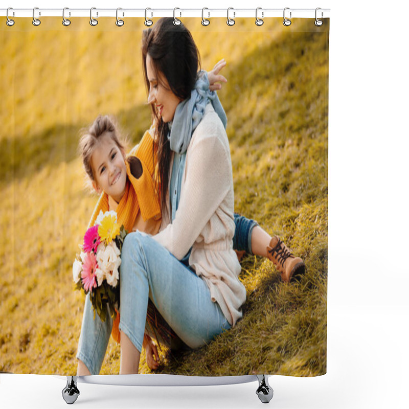 Personality  Daughter And Mother Sitting In Park Shower Curtains