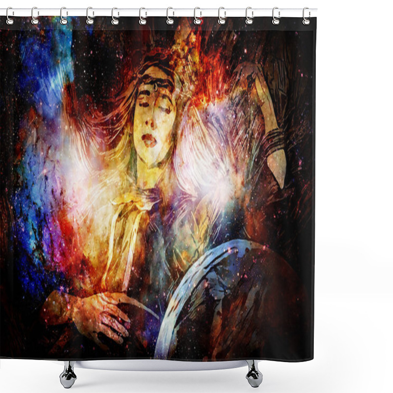 Personality  Shamanic Girl With Frame Drum On Abstract Structured Space Background. Shower Curtains