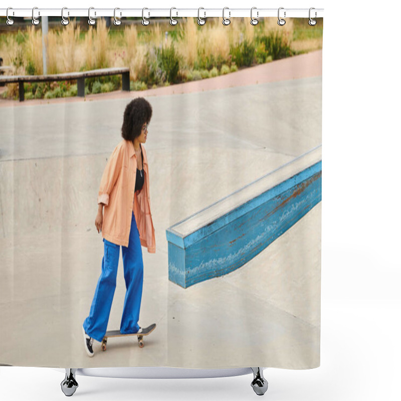 Personality  A Young African American Woman With Curly Hair Skateboarding With Style And Confidence At A Bustling Skate Park. Shower Curtains