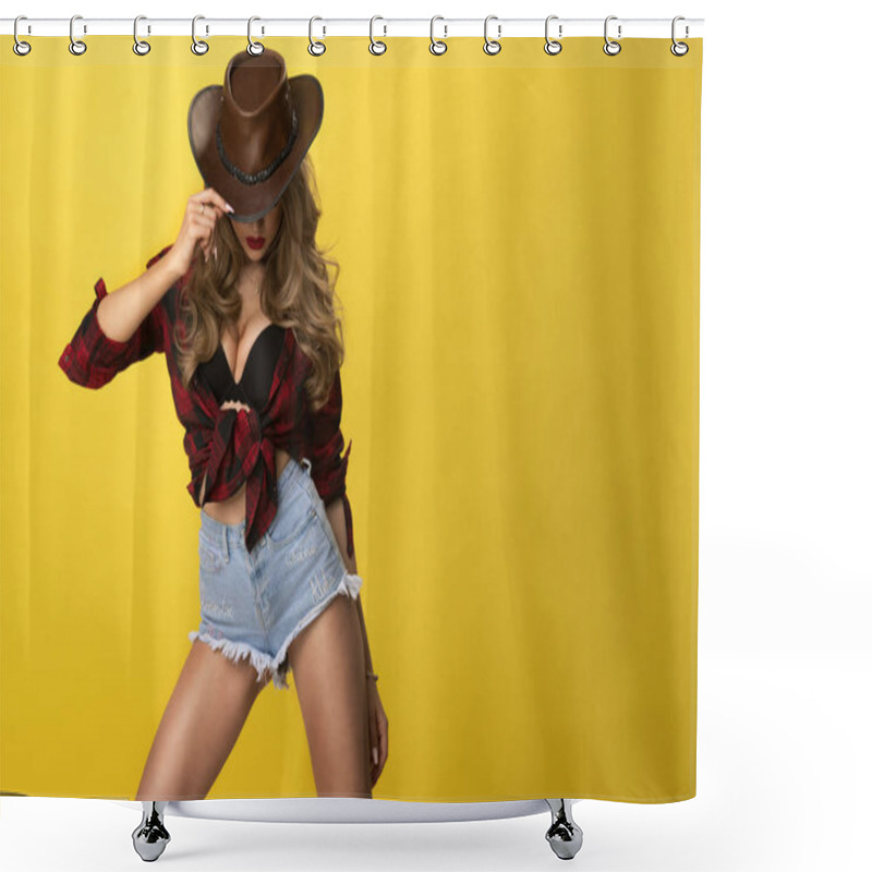 Personality  Happy Sexy Cowgirl On Yellow Background Shower Curtains