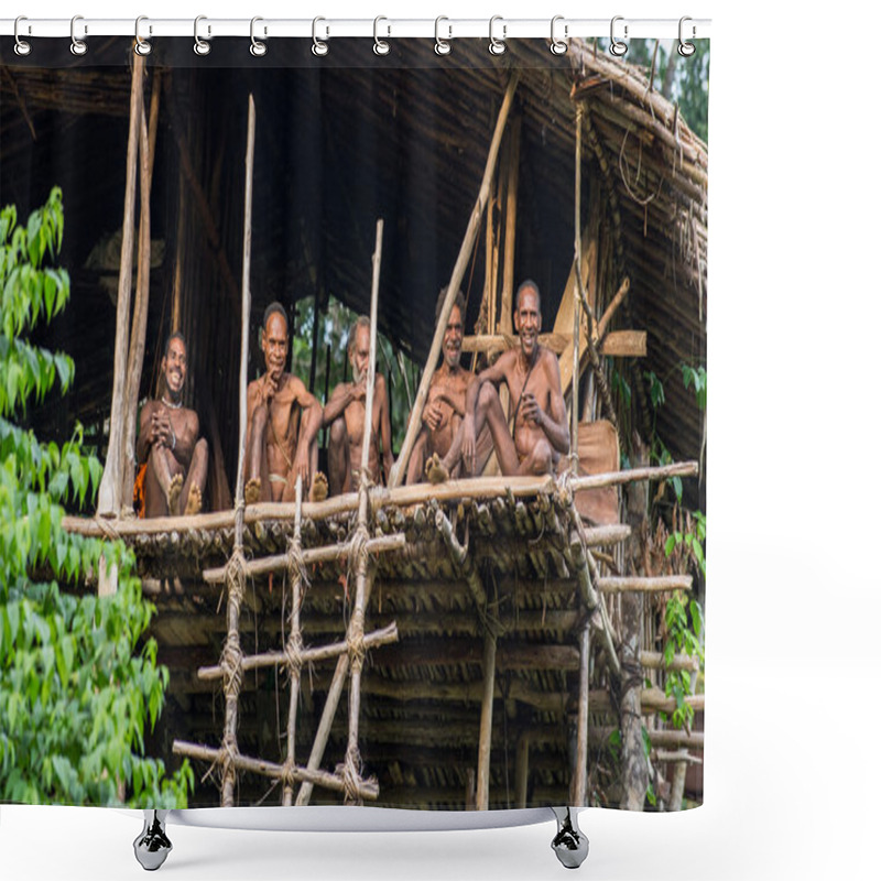 Personality  Group Of Papuan Korowai Tribe In House On Tree Shower Curtains