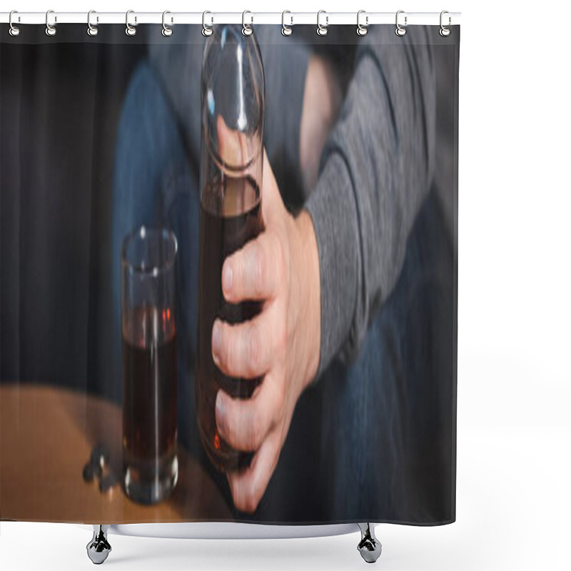 Personality  Cropped View Of Alcohol-addicted Man Holding Glass Of Whiskey, Banner Shower Curtains