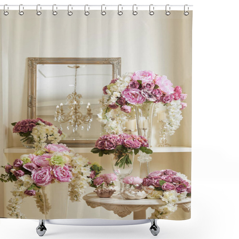 Personality  Mirror, White And Purple Flowers In Glass Vases On Table And Shelf  Shower Curtains