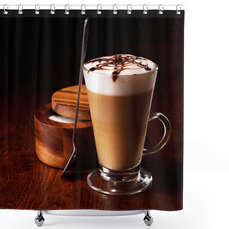 Personality  Latte Mug On A Wooden Table With A Spoon And Sugar Shower Curtains