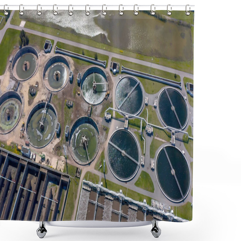 Personality  Aerial View Of The Wastewater Treatment Plant. Pumping Station And Drinking Water Supply. Industrial And Urban Water Treatment For A Big City. Round Sedimentation Tanks. Shower Curtains