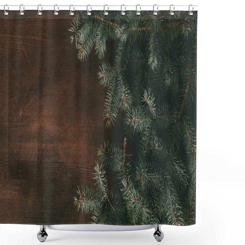 Personality  Green Fir Branches On Dark Wooden Background Shower Curtains