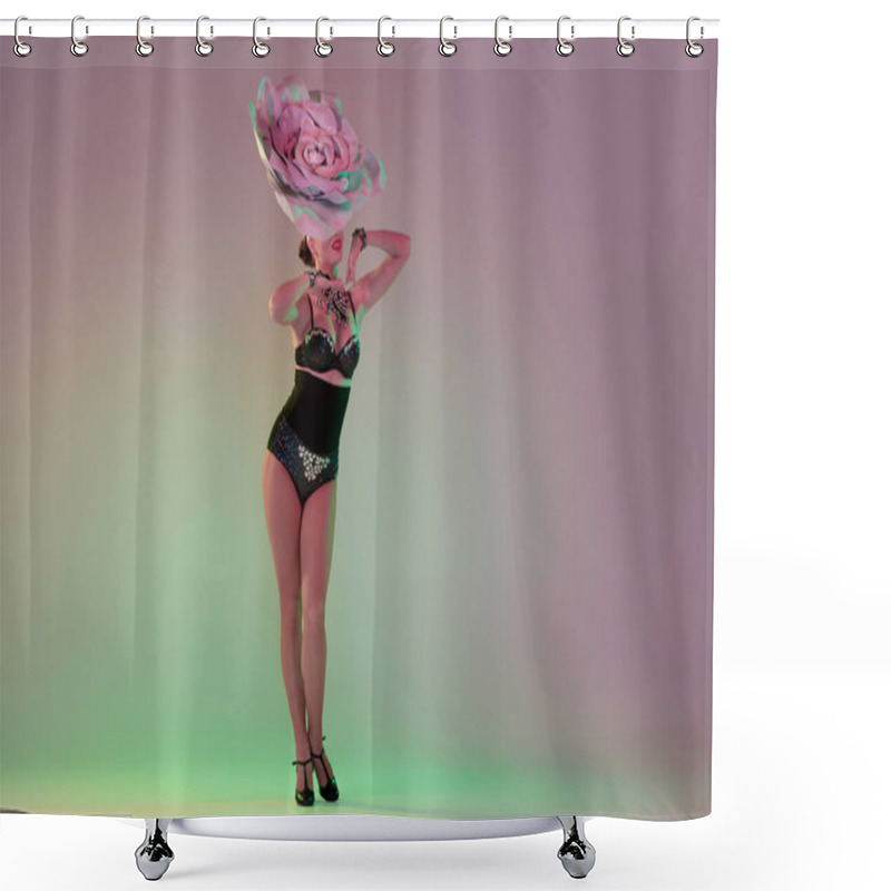 Personality  Young Female Dancer With Huge Floral Hats In Neon Light On Gradient Background Shower Curtains