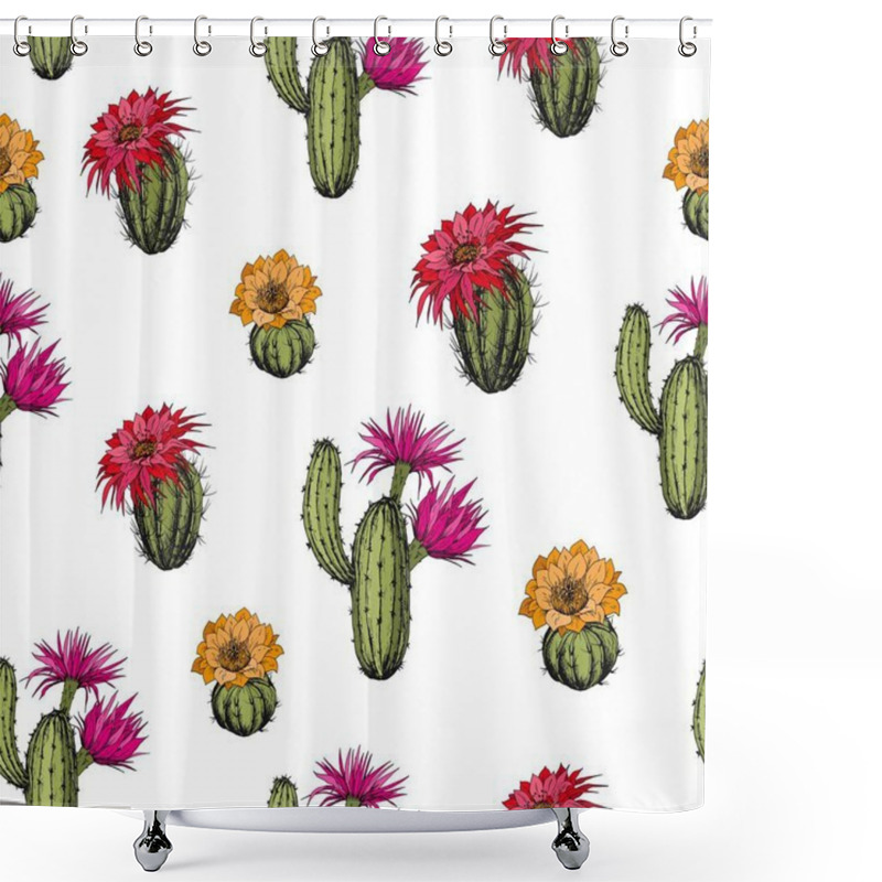 Personality  Seamless Pattern With Cactus Plants And Flowers. Hand Drawn Vector On White Background. Shower Curtains