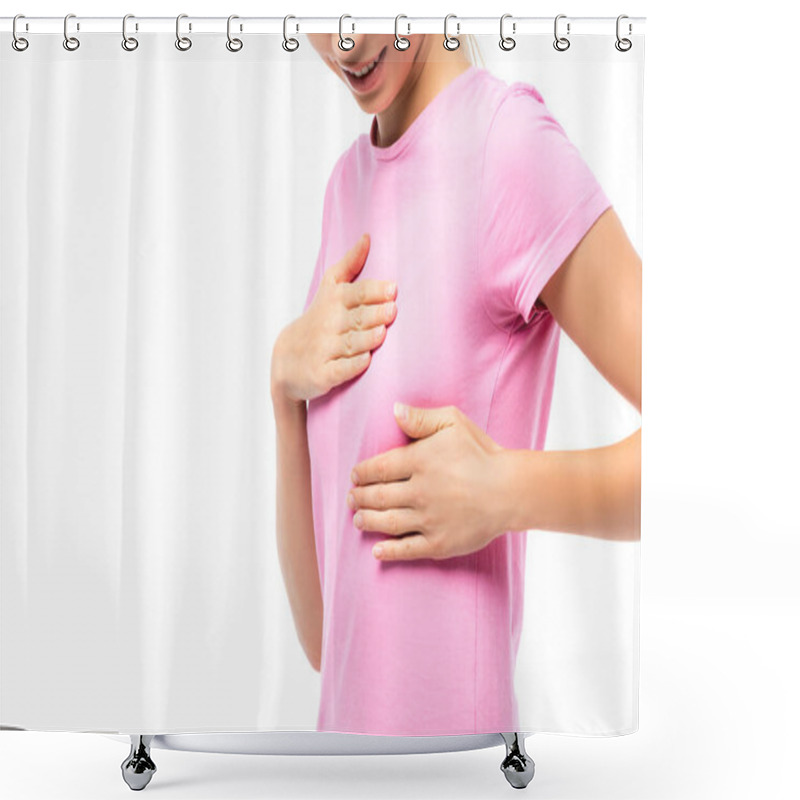 Personality  Cropped View Of Woman In Pink T-shirt Touching Breast Isolated On White Shower Curtains