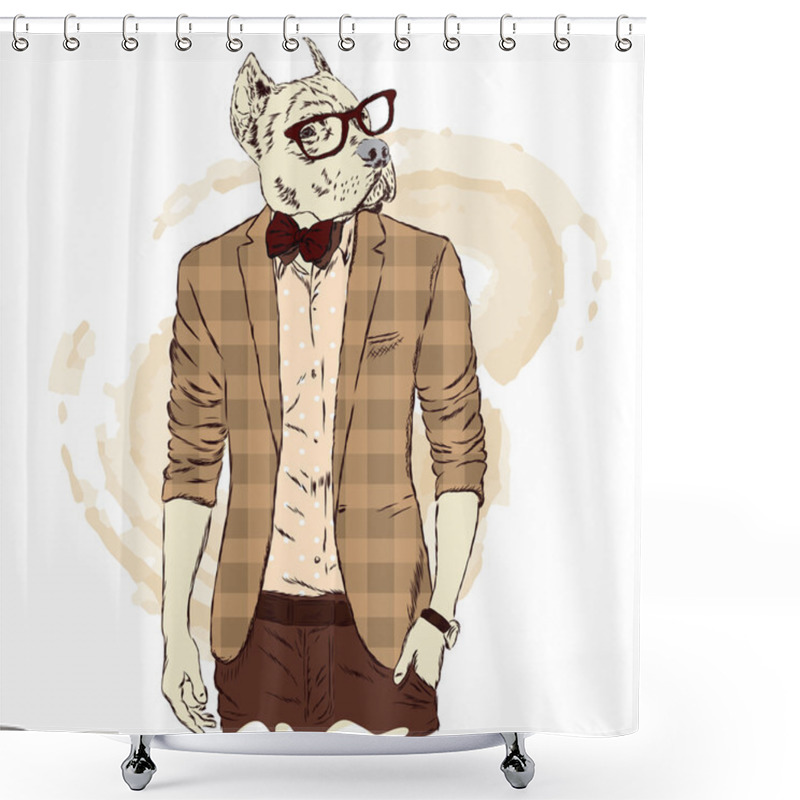 Personality  Pitbull Hipster In A Jacket And Sunglasses . Vector Illustration. The Print On The Cover , Clothing Or Card . Shower Curtains