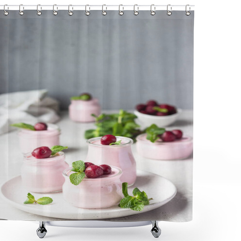 Personality  Delicious Italian Dessert Cherry Panna Cotta With Fresh Cherries And Mint In Jars. Light Grey Stone Background, Selective Focus. Copy Space. Shower Curtains