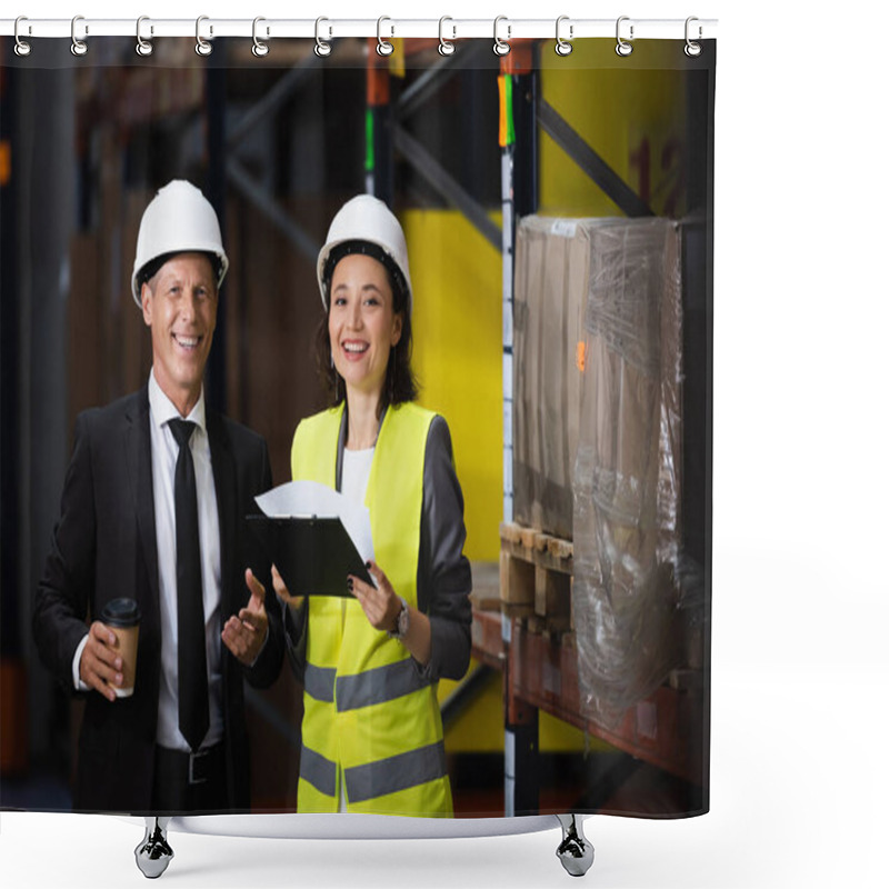 Personality  Smiling Businessman In Suit And Hard Hat Holding Coffee Near Female Employee, Logistics Concept Shower Curtains