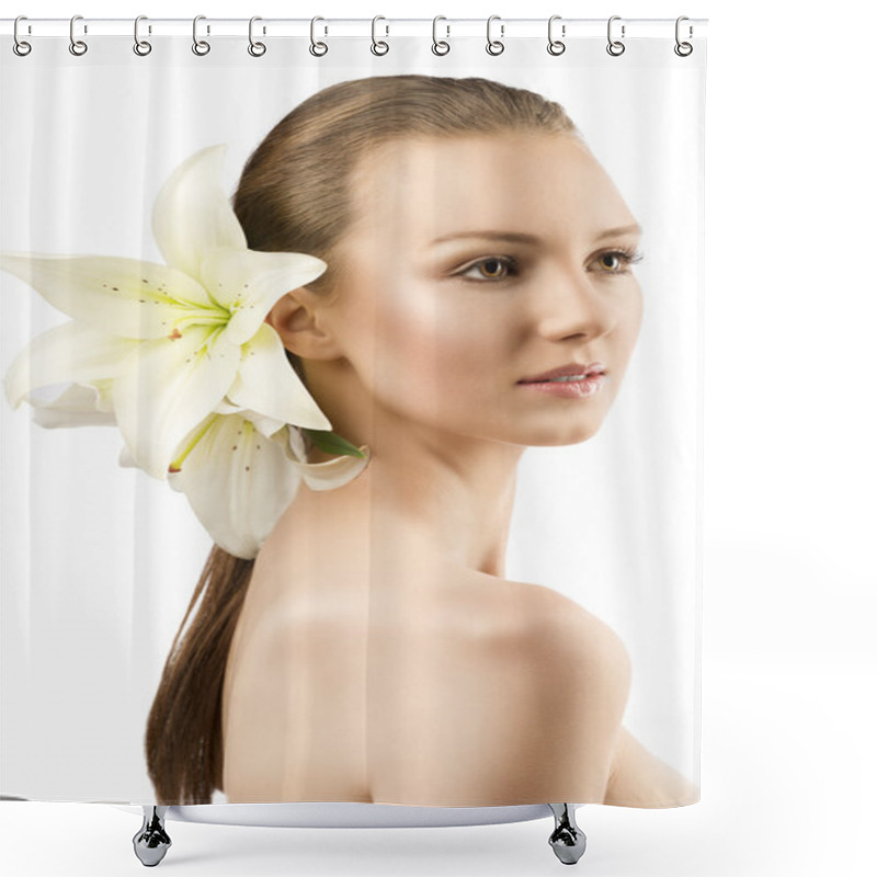 Personality  Beauty Portrait With Flowers The Girl Is Turned Of Three Quarter Shower Curtains