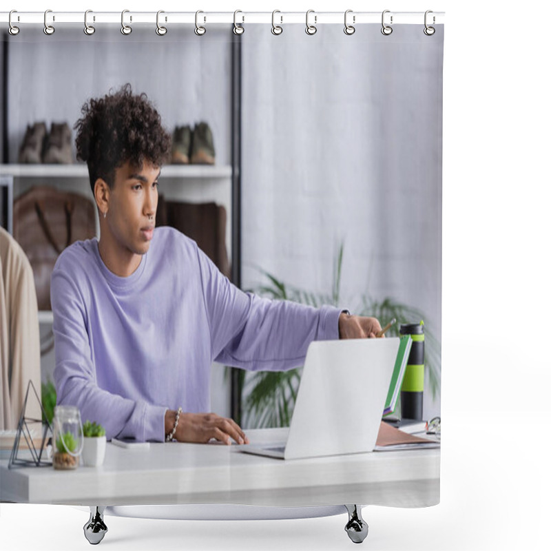 Personality  African American Owner Of Showroom Holding Pencil And Notebook Near Laptop  Shower Curtains