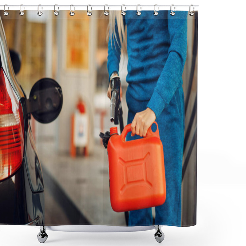 Personality  Female Person Filling Canister On Gas Station, Fuel Refill. Petrol Fueling, Gasoline Or Diesel Refuel Service, Petroleum Refueling Shower Curtains