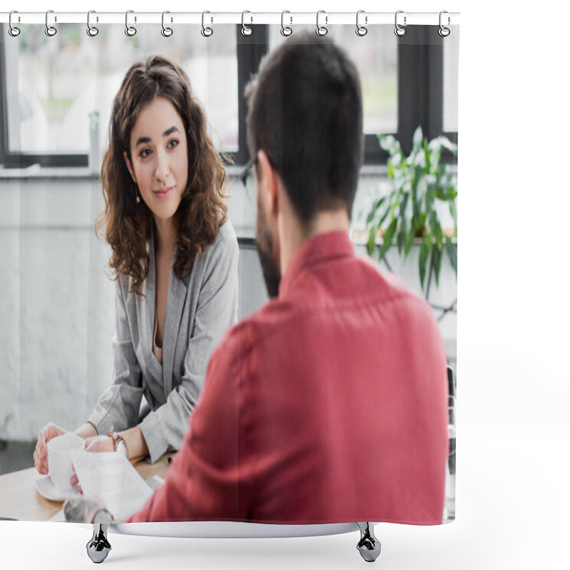 Personality  Selective Focus Of Smiling Account Manager Holding Cup And Looking At Colleague  Shower Curtains