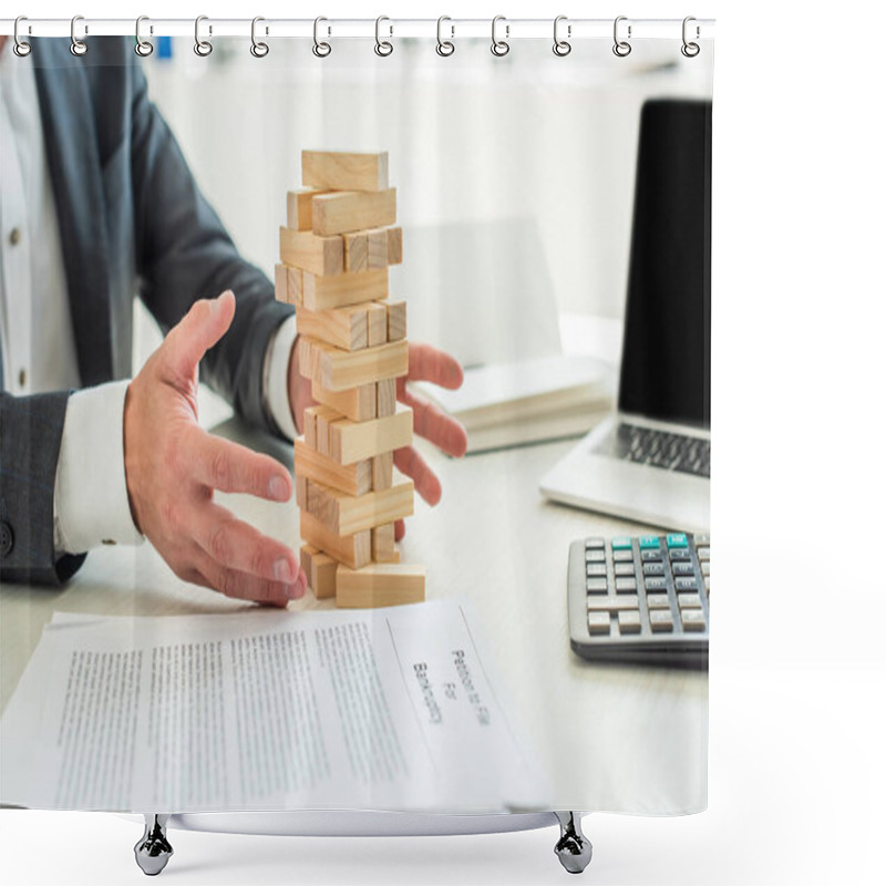 Personality  Cropped View Of Bankrupt With Hands Near Blocks Wood Tower Game, Sitting At Desk On Blurred Background Shower Curtains