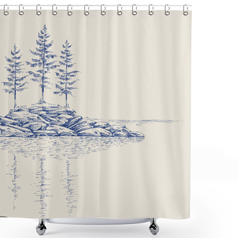 Personality  Pine Trees On A Rocky Landscape. Trees Reflection In The Water Artistic Hand Drawing Shower Curtains