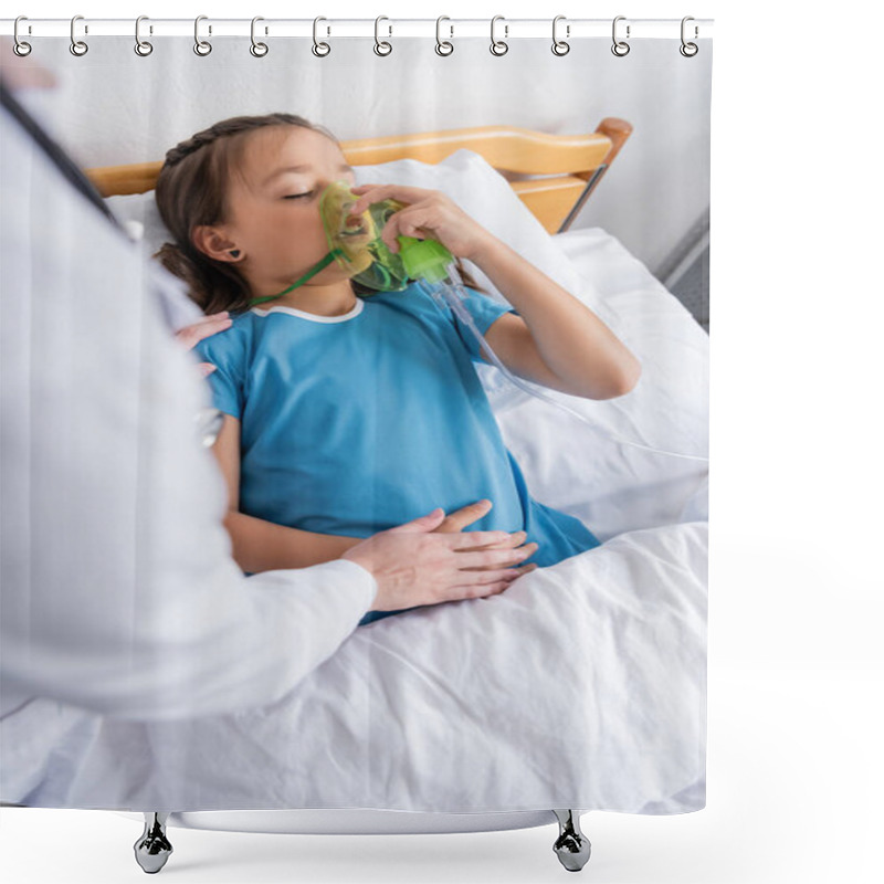 Personality  Doctor Touching Hand Of Child With Oxygen Mask On Hospital Bed  Shower Curtains