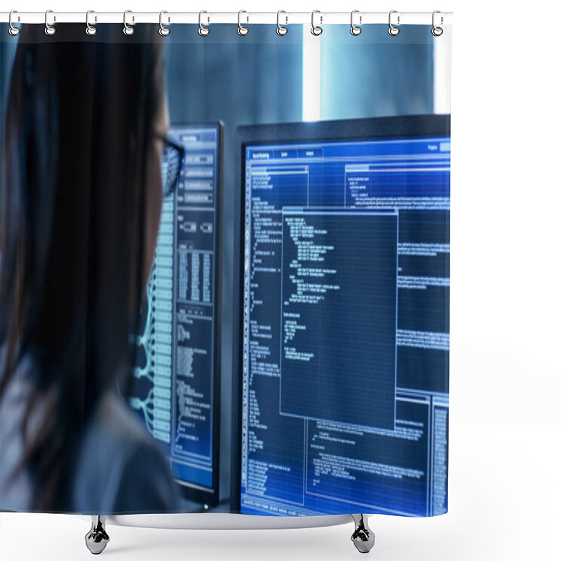 Personality  Close-up Shot Of Female IT Engineer Working In Monitoring Room.  Shower Curtains