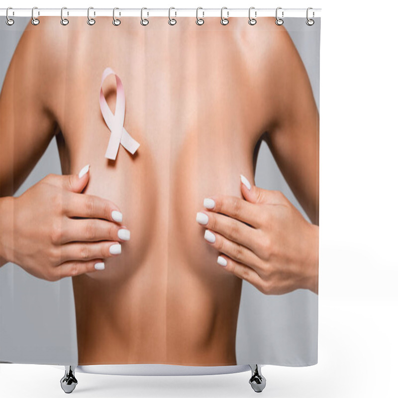 Personality  Cropped View Of Nude Woman With Breast Cancer Ribbon Touching Bust Isolated On Grey  Shower Curtains