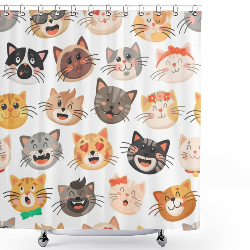 Personality  Cute Cats Vector Seamless Pattern, Kitten Muzzles With Bows, Flower Wreath And Neck Ties On White Background. Cartoon Animal Faces, Kids Design For Fabric Or Wrapping Paper. Funny Kawaii Cats Pattern Shower Curtains