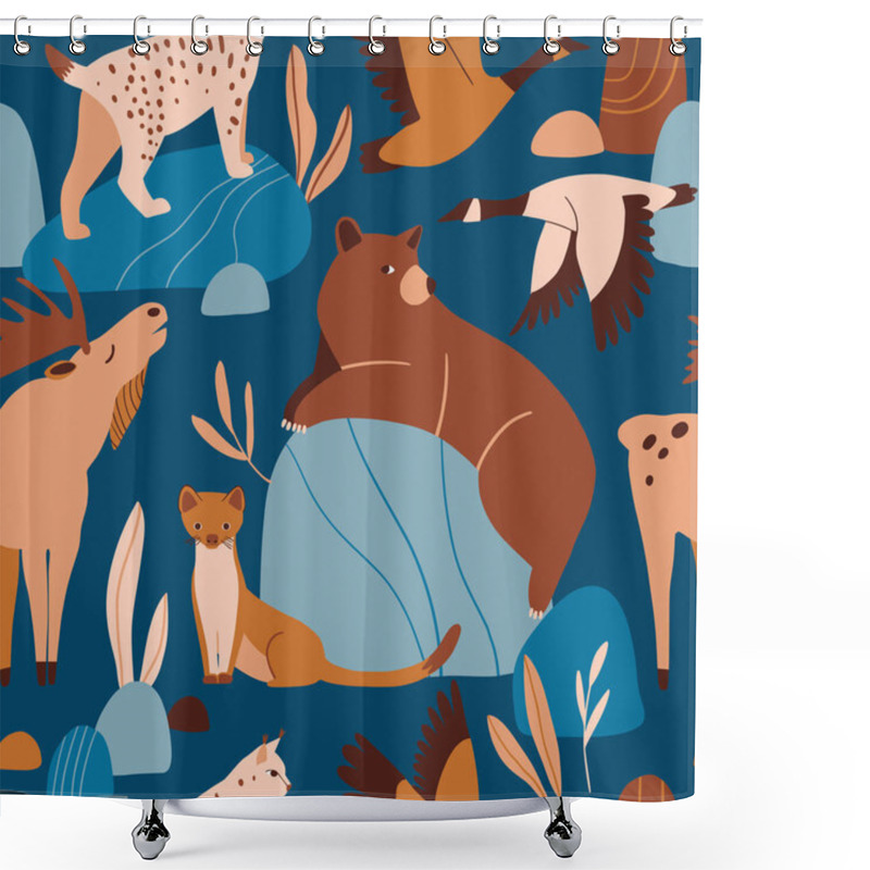 Personality  Cute Forest Animals Dark Seamless Pattern. Funny Bear, Lynx, Moose, Marten, Birds. Hand Drawn Cartoon Characters And Plants. Woodland Texture For Kids. Flat Nature Illustration. Wildlife Vector Shower Curtains