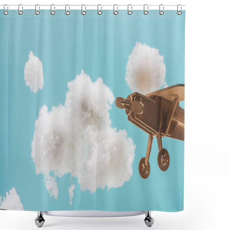 Personality  Wooden Toy Plane Flying Among White Fluffy Clouds Made Of Cotton Wool Isolated On Blue Shower Curtains