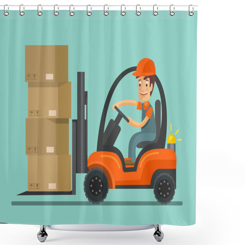 Personality  Forklift Truck With Worker. Vector Flat Illustration Shower Curtains