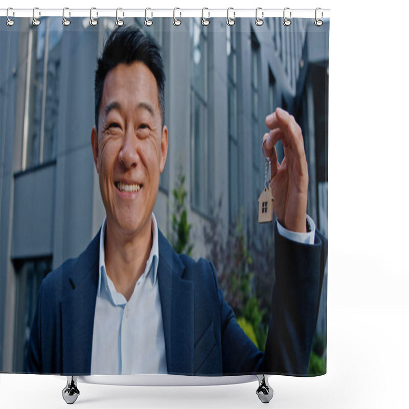 Personality  Happy Smiling Asian Adult 40s Man Holding Keys Portrait Outdoors Win Reaction Victory Celebrate Male Realtor Real Estate Agent Investor Buyer Selling Property New Building Office Dwelling Skyscrapers Shower Curtains