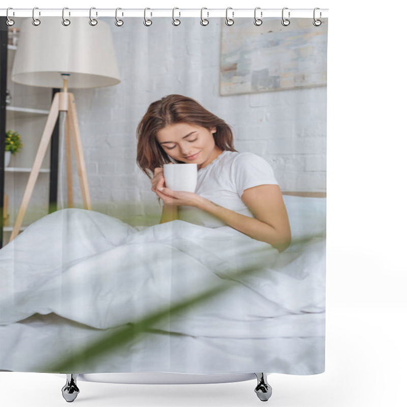 Personality  Selective Focus Of Happy Young Woman Holding Cup With Tea In Bed  Shower Curtains