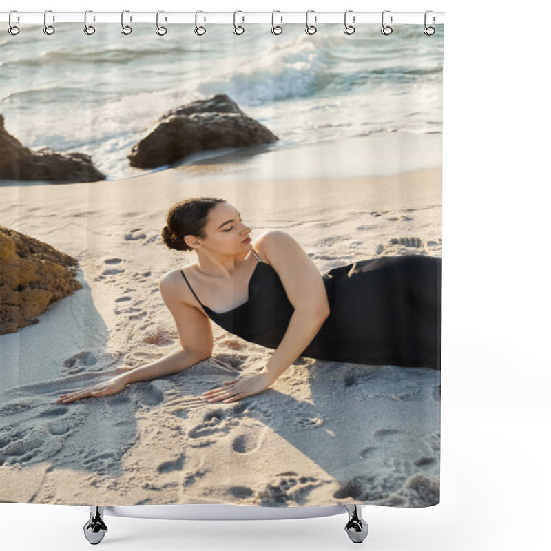 Personality  A Young Woman Reclines On A Sandy Beach, Wearing A Black Dress. Shower Curtains