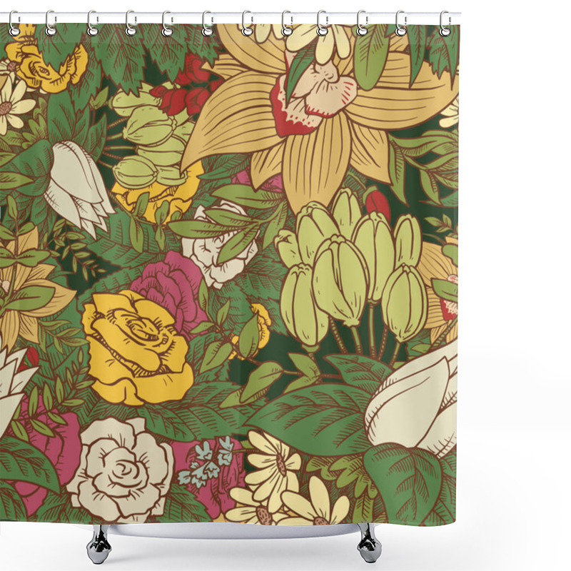 Personality  Seamless Floral Pattern With Beautiful Flowers On A Green Backgr Shower Curtains