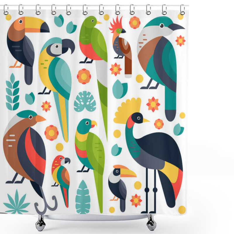 Personality  Flat Style Illustration With Toucan, Blue And Yellow Macaw, Bird Of Paradise And Other Types Of Birds. Vector Set Of Tropical Birds With Flowers And Leaves. Shower Curtains