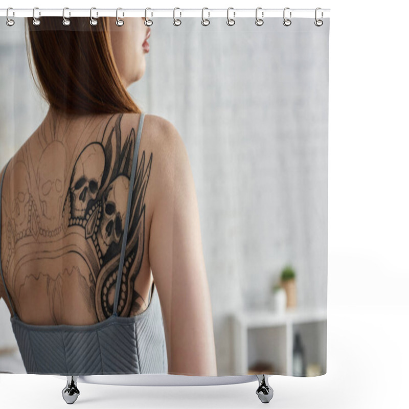 Personality  A Young Woman With A Large Tattoo On Her Back Relaxes In Her Modern Apartment. Shower Curtains