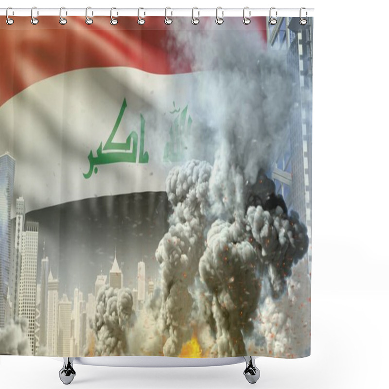 Personality  Large Smoke Column With Fire In Abstract City - Concept Of Industrial Explosion Or Terrorist Act On Iraq Flag Background, Industrial 3D Illustration Shower Curtains