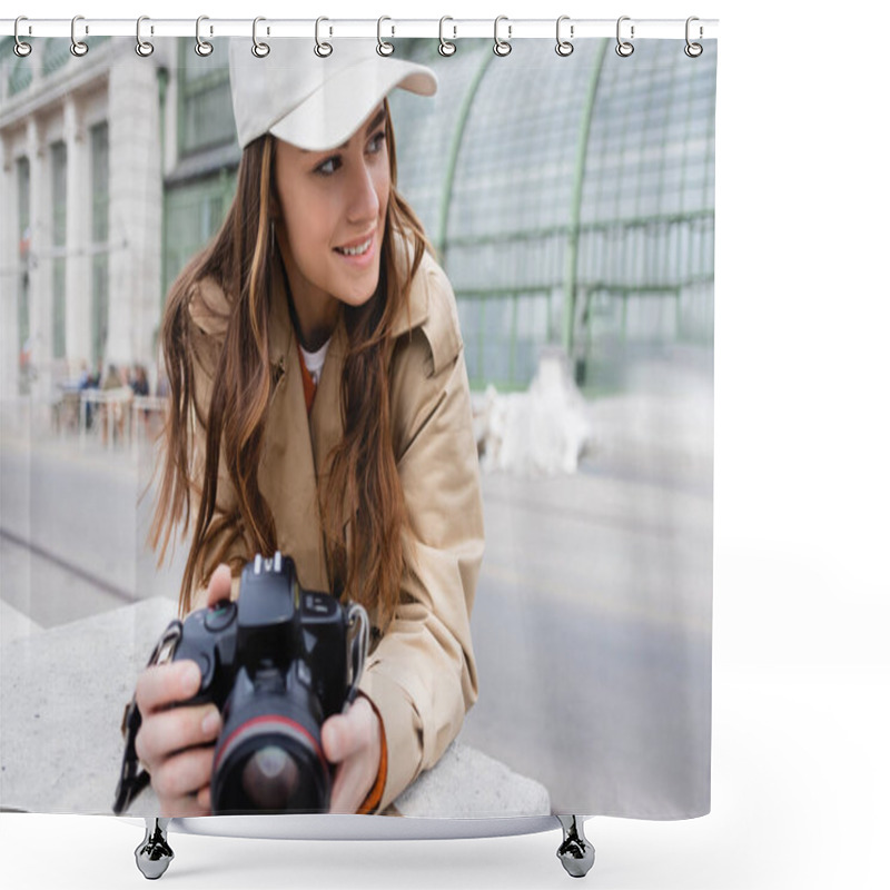 Personality  Happy Photographer In Trench Coat And Baseball Cap Holding Digital Camera  Shower Curtains